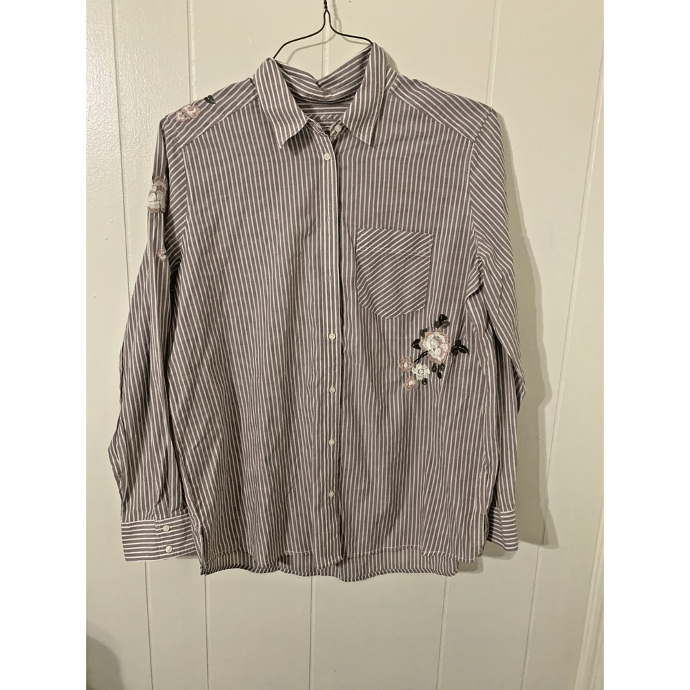 NWT Express Boyfriend Women's Long Sleeve Button Up Striped Embroidered Shirt L